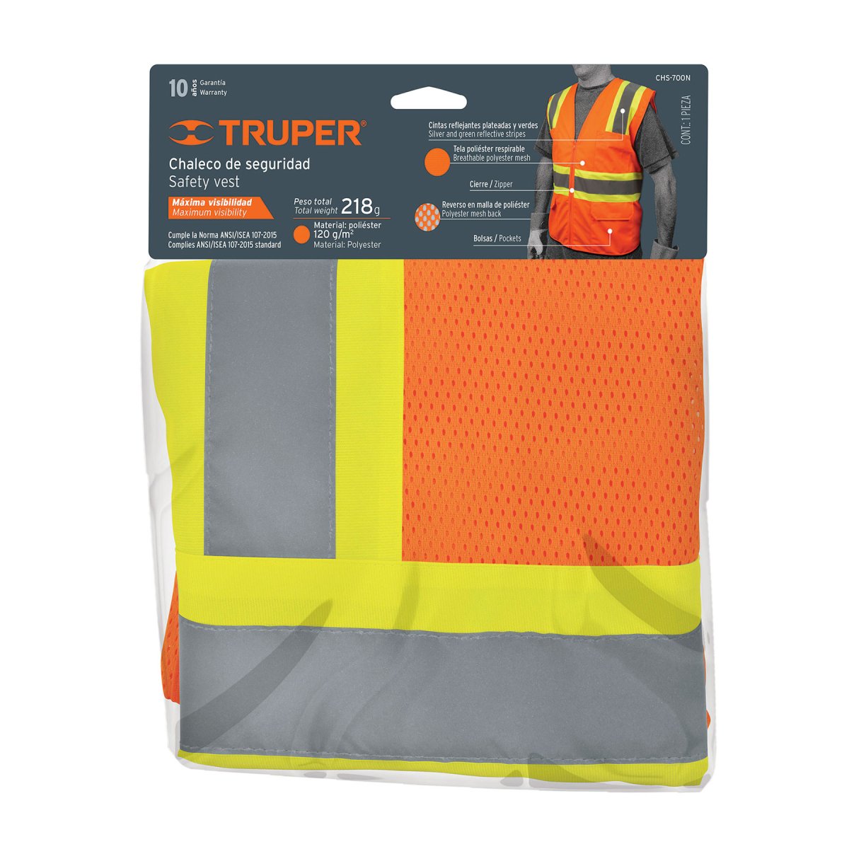 CHALECO SEGURIDAD CON CINTAS REFLEJANTES Y BOLSAS, NARANJA, TRUPER COD: 13475 - Imagen 2